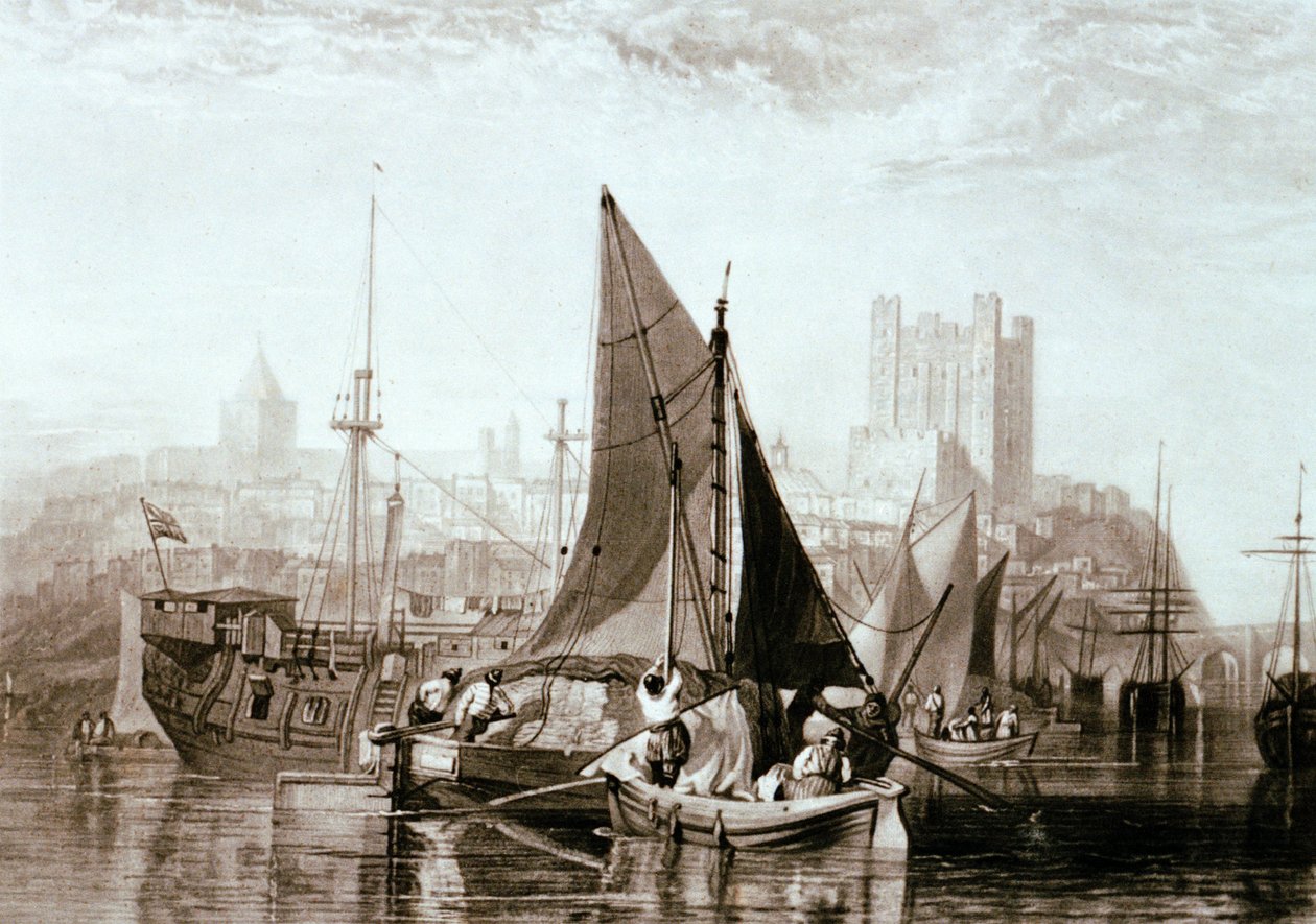 Thamesin proomu kuljettaa heinää, vankilan runkoa ja muuta laivaliikennettä Rochesterissa, Medway-joella. tekijältä Joseph Mallord William Turner