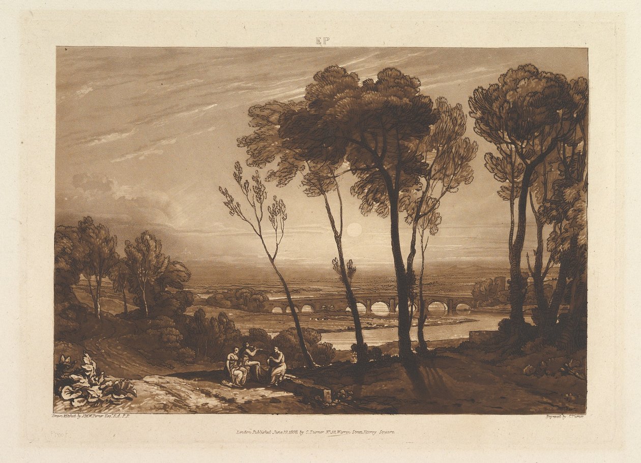 Bridge in Middle Distance Liber Studiorum, osa III, levy 13, 10. kesäkuuta 1808. tekijältä Joseph Mallord William Turner
