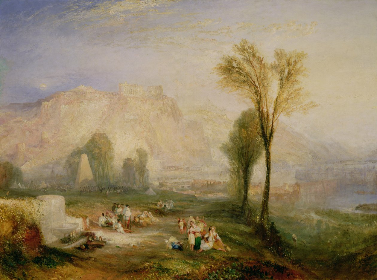 Kirkas kunniakivi (Ehrenbreitstein) ja Marceaun hauta Byronin teoksesta Childe Harold, 1835 tekijältä Joseph Mallord William Turner