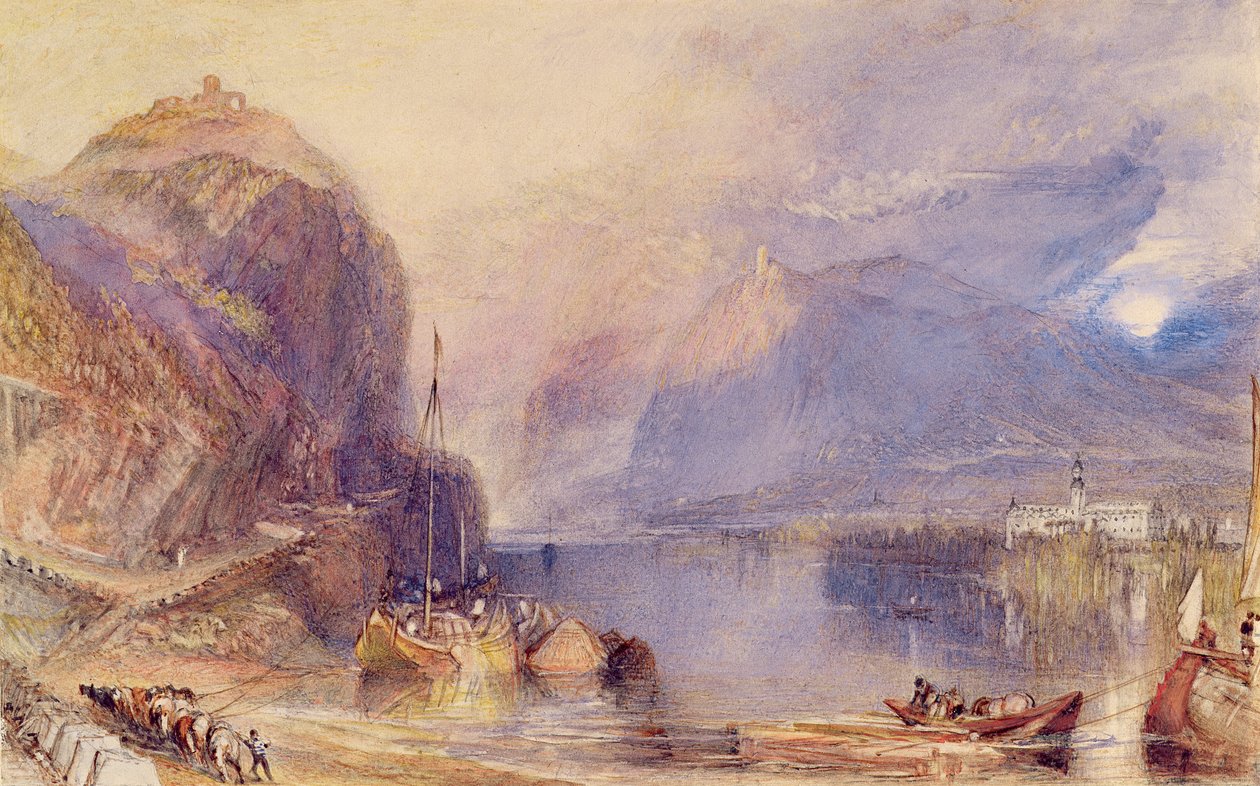 Drachenfels, Saksa, n. 1823-24 (akvarelli- ja vartaloväri, jossa on raaputettu pois kynällä paperille) tekijältä Joseph Mallord William Turner