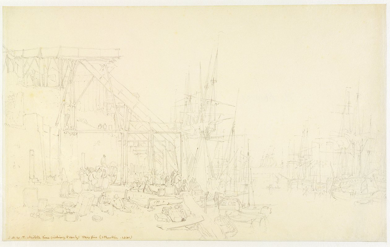 "The Hurries", hiiliveneiden lastaus, North Shields, n. 1795 (grafiitti paperilla) tekijältä Joseph Mallord William Turner