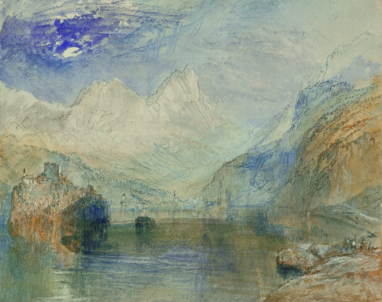 Lauerzersee Schwyzin kanssa ja Mythen (akvarelli paperille) tekijältä Joseph Mallord William Turner
