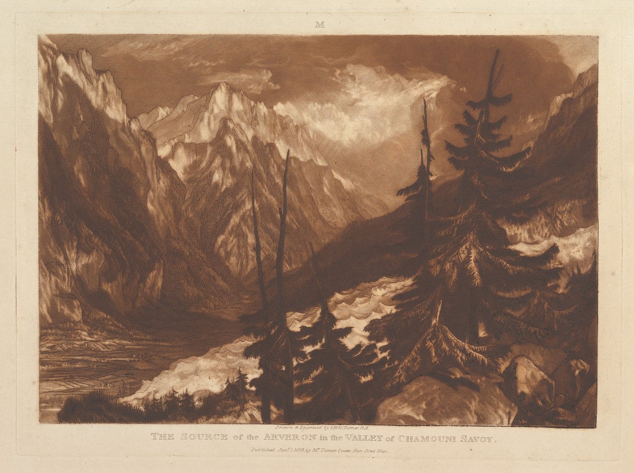 Arvaronin lähde Chamounin laaksossa, Savoy Liber Studiorum, pa..., 1. tammikuuta, tekijältä Joseph Mallord William Turner