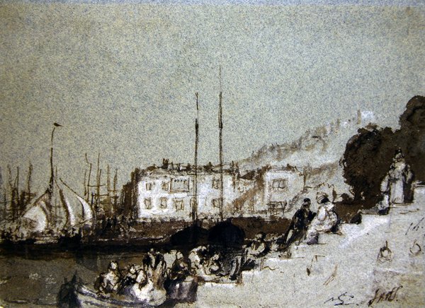Näkymä East Cowesiin, Isle of Wight (kynä ja muste ja kehonväri sinisellä paperilla) tekijältä Joseph Mallord William Turner