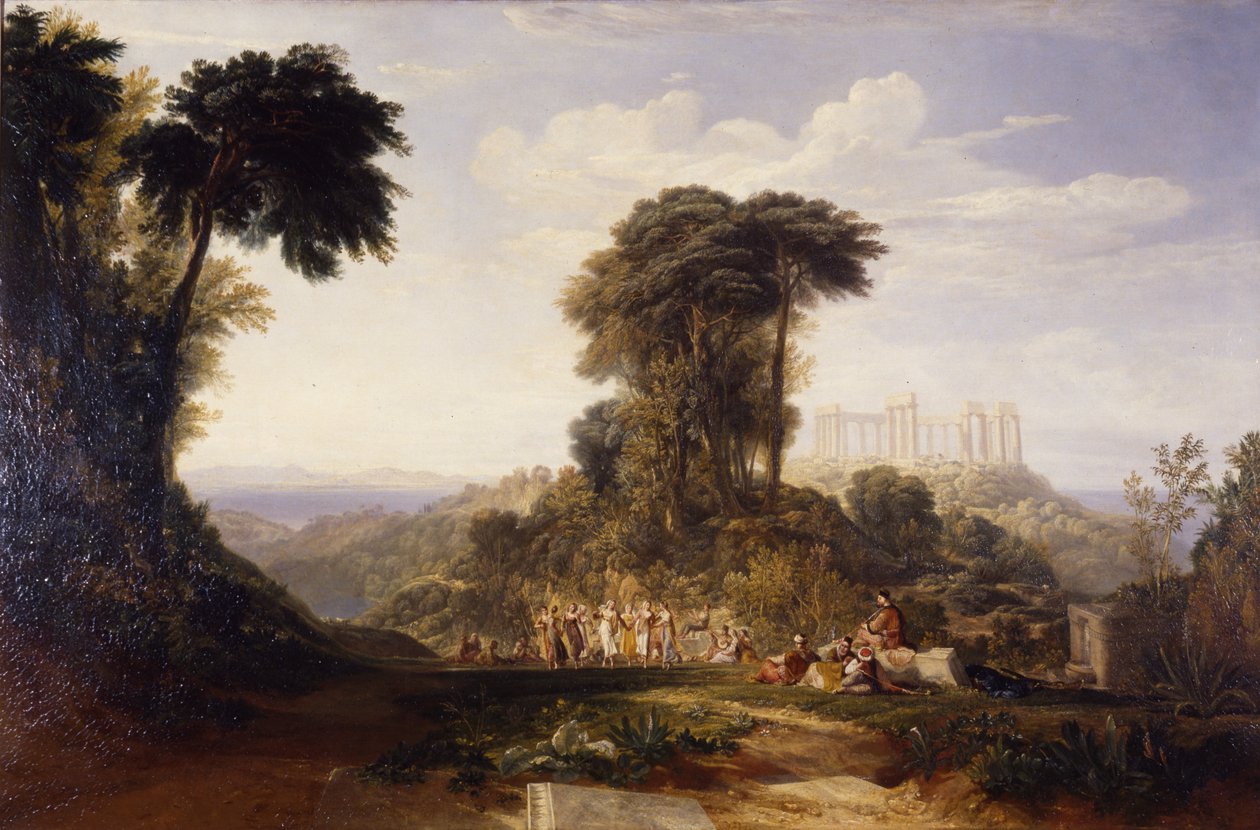 Näkymä Jupiter Panelleniuksen temppelille Aiginan saarella, josta on näkymät Ateenan akropolisille kaukaa tekijältä Joseph Mallord William Turner
