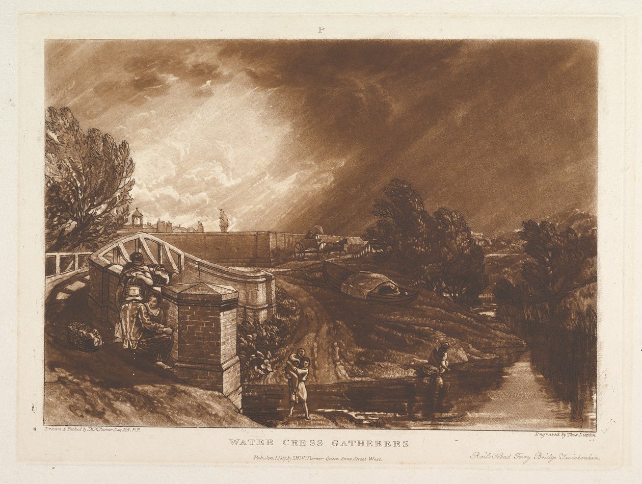 Water Cress Gatherers, Rails Head Ferry Bridge, Twickenham Liber Studiorum, pa..., 1. tammikuuta 1819. tekijältä Joseph Mallord William Turner