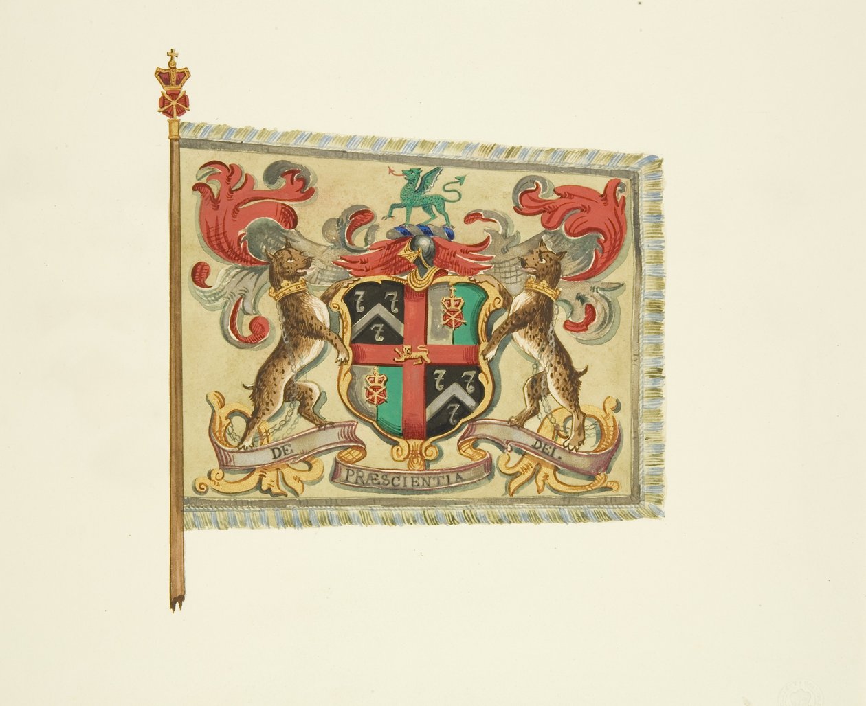 Parturien ja kirurgien lippu, kirjoitettu "De Praescientia Dei", n. 1833 (kynä, akvarelli ja vartaloväri paperille) tekijältä Joseph Manning