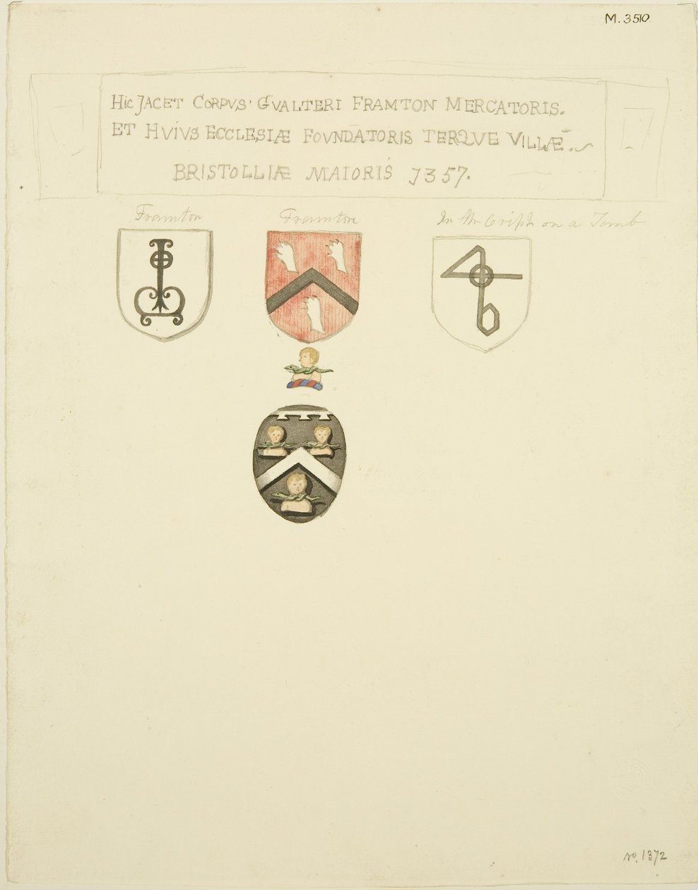 Vaakunat Framptonin haudalla [Frampton] 1357 (kynä ja akvarelli paperilla) tekijältä Joseph Manning