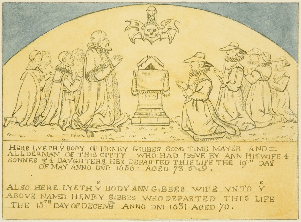Gibbesin messinki kiinnitetty seinään lähellä St Jamesin eteläovea (kynä ja akvarelli paperille) tekijältä Joseph Manning