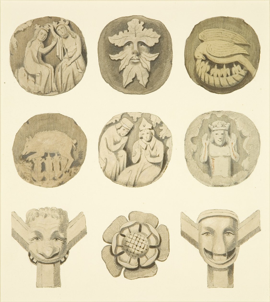 Nivuskivet (pomot) Redcliffe Churchin katossa (akvarelli paperille) tekijältä Joseph Manning