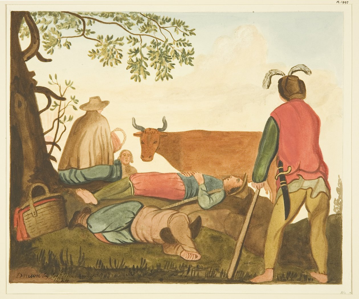 Guy, Earl of Warwick ja Dun Cow, kopioita alkuperäisestä öljymaalauksesta (akvarelli paperille) tekijältä Joseph Manning