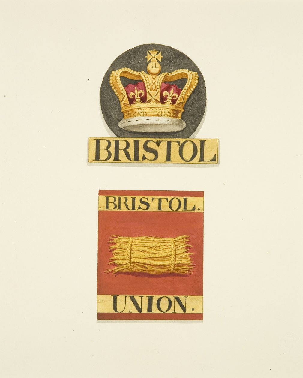 Bristol Crownin ja Bristol Unionin palotoimistojen talomerkit tai palomerkit tekijältä Joseph Manning
