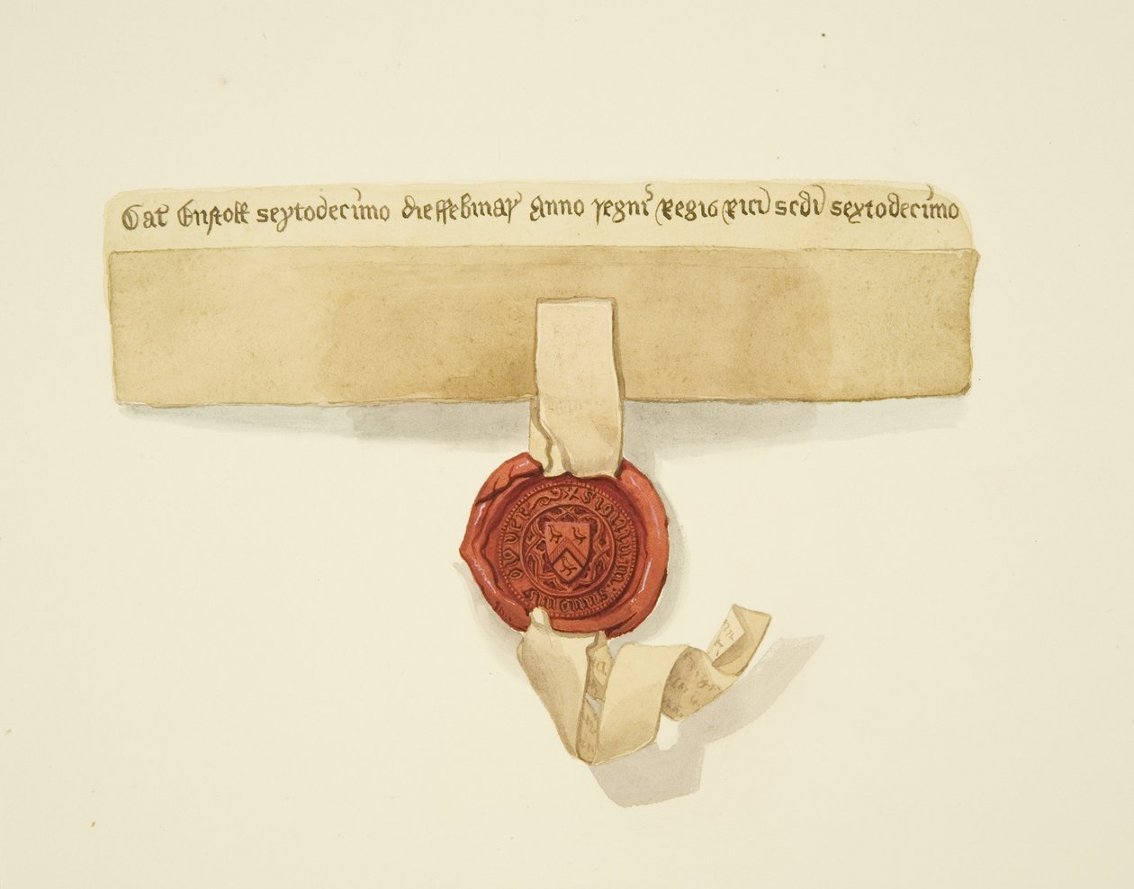 Teoksen pohjaan kiinnitetty sinetti, n. 1825 (kynä ja akvarelli paperilla) tekijältä Joseph Manning