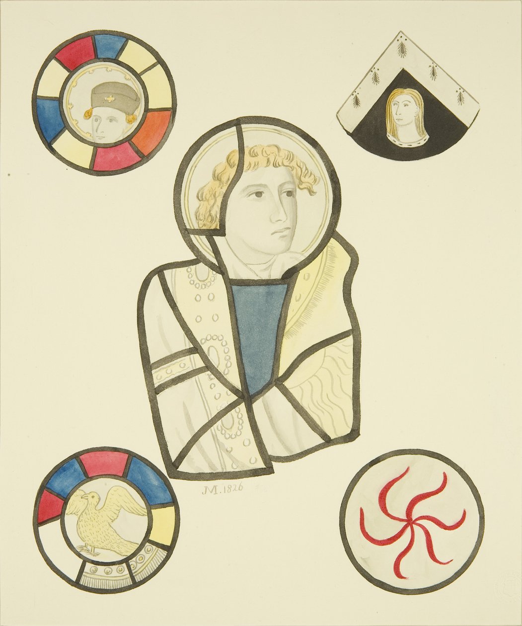 Lasimaalaus St Mary Redcliffe -kirkon kanslia pohjoisikkunassa (akvarelli paperille) tekijältä Joseph Manning