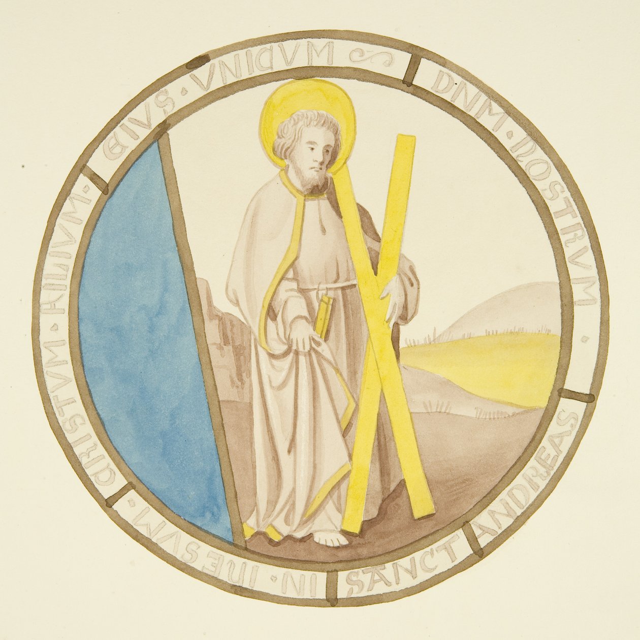 Lasimaalaus piispanpalatsin yksityisen kappelin ikkunassa: St Andrew (akvarelli paperille) tekijältä Joseph Manning