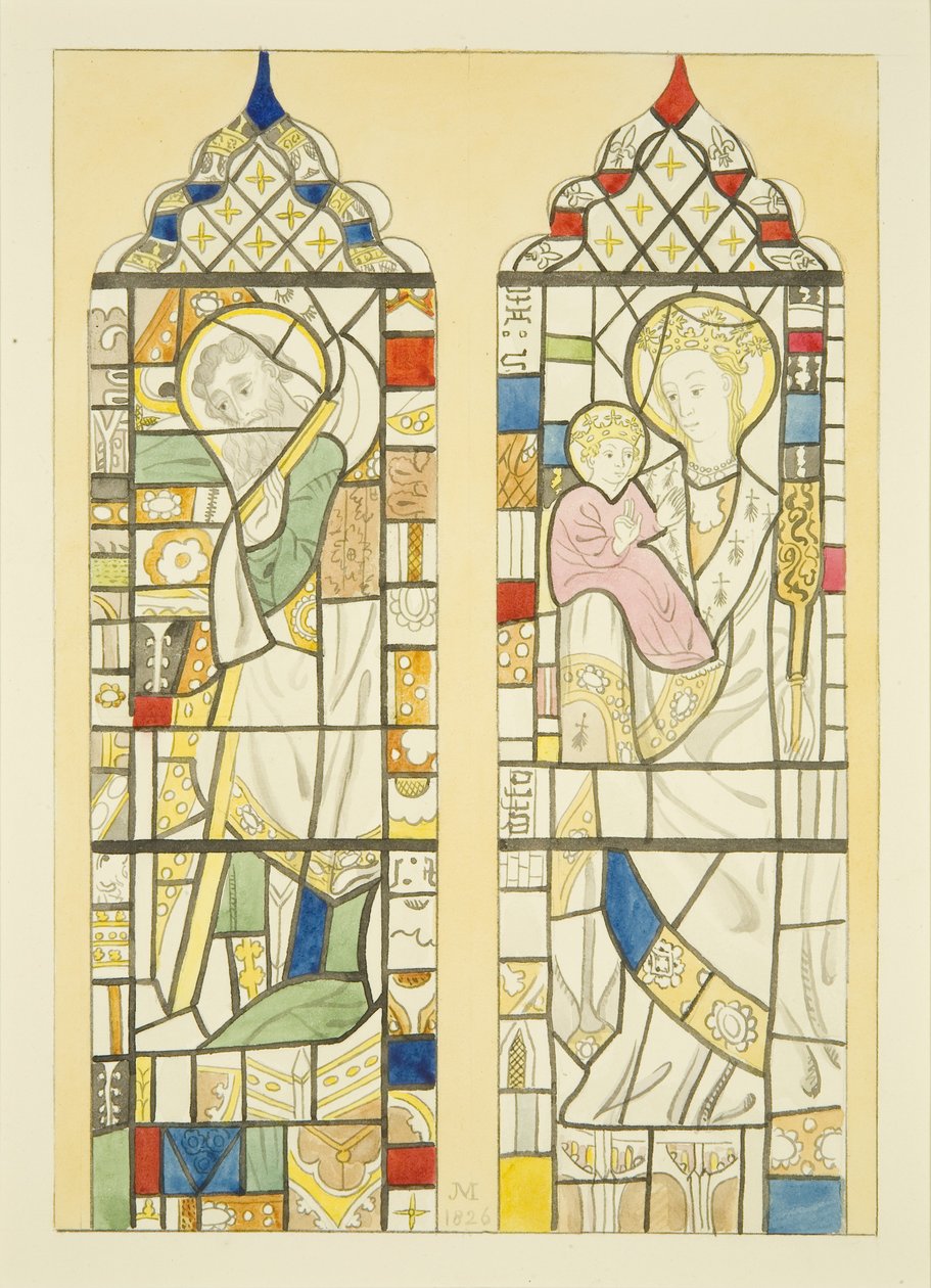 Lasimaalaus ikkunassa St Mary Redcliffe -fontin päällä (akvarelli paperille) tekijältä Joseph Manning