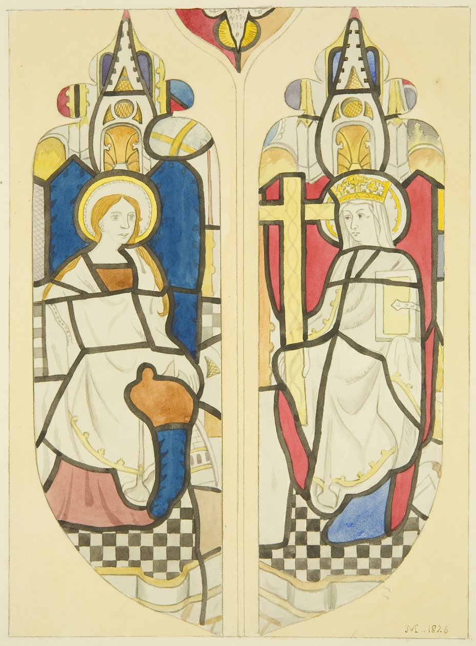Kaksi hahmoa itäikkunassa St Mary Redcliffen pohjoispuolella (akvarelli paperille) tekijältä Joseph Manning