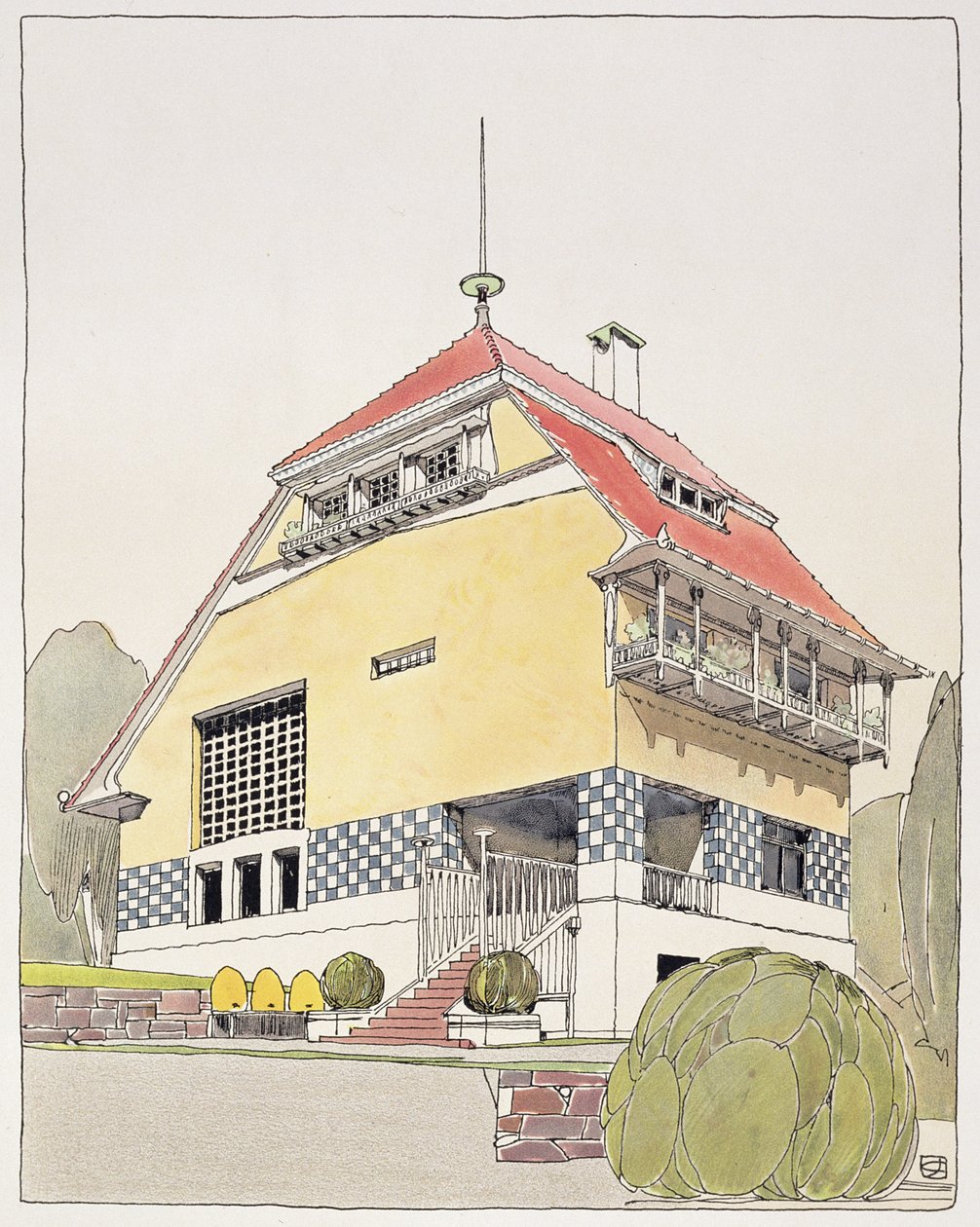 Tutkimus Olbrichin talolle, Darmstadt, "Architektur von Olbrich", julkaistu n. 1904-1914 tekijältä Joseph Maria Olbrich