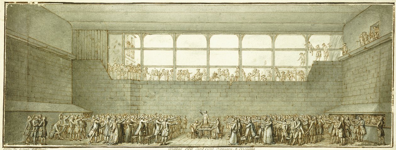 The Tennis Court Oath, n. 1789 (musta liitu, kynä ja ruskea muste harmaalla pesulla) tekijältä Joseph Marie Flouest