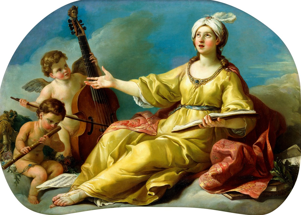 Musiikin personifikaatio, laulaminen viulua ja huilua soittavan Putin kanssa, 1758 tekijältä Joseph Marie Vien