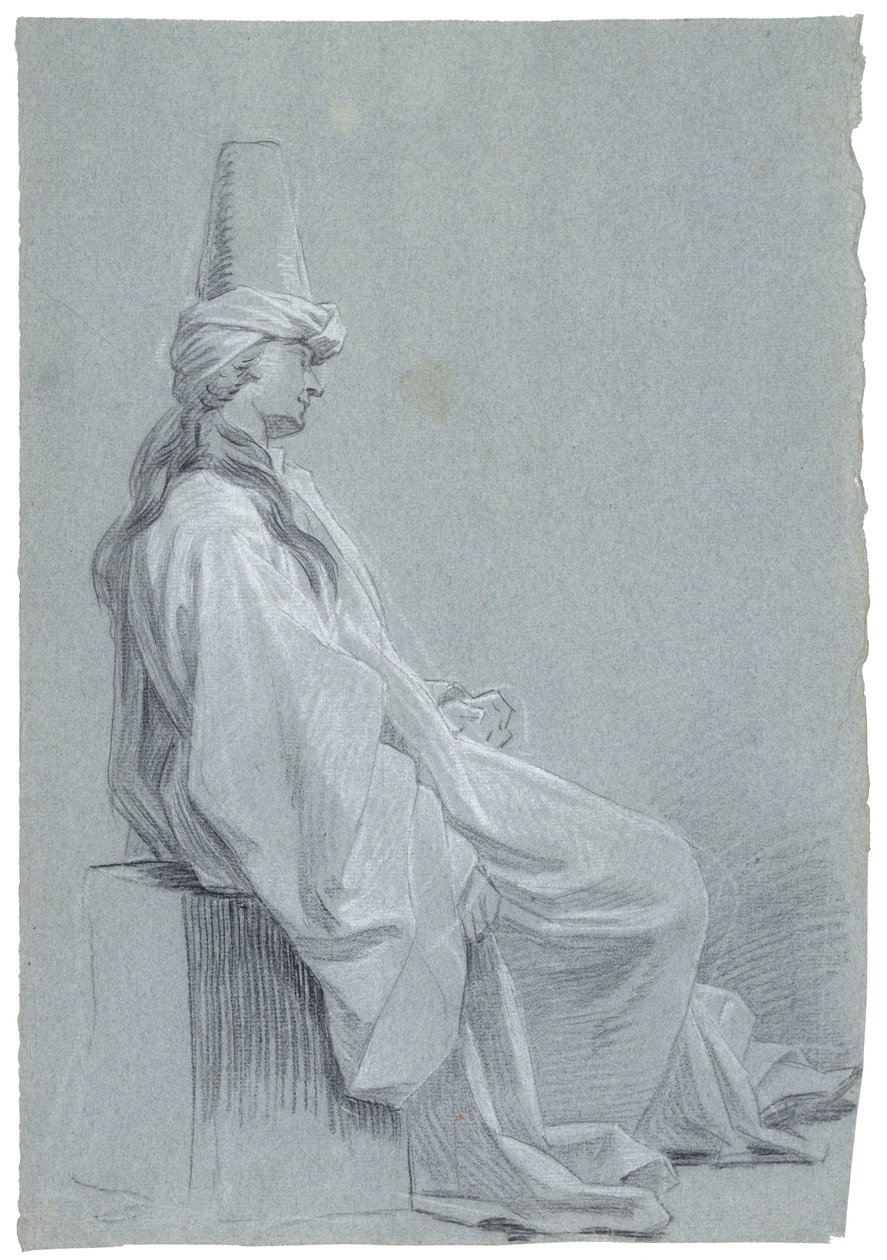 Nuori mies itämaisessa asussa istumassa, 1748 (liitu lyötyyn paperiin) tekijältä Joseph Marie Vien