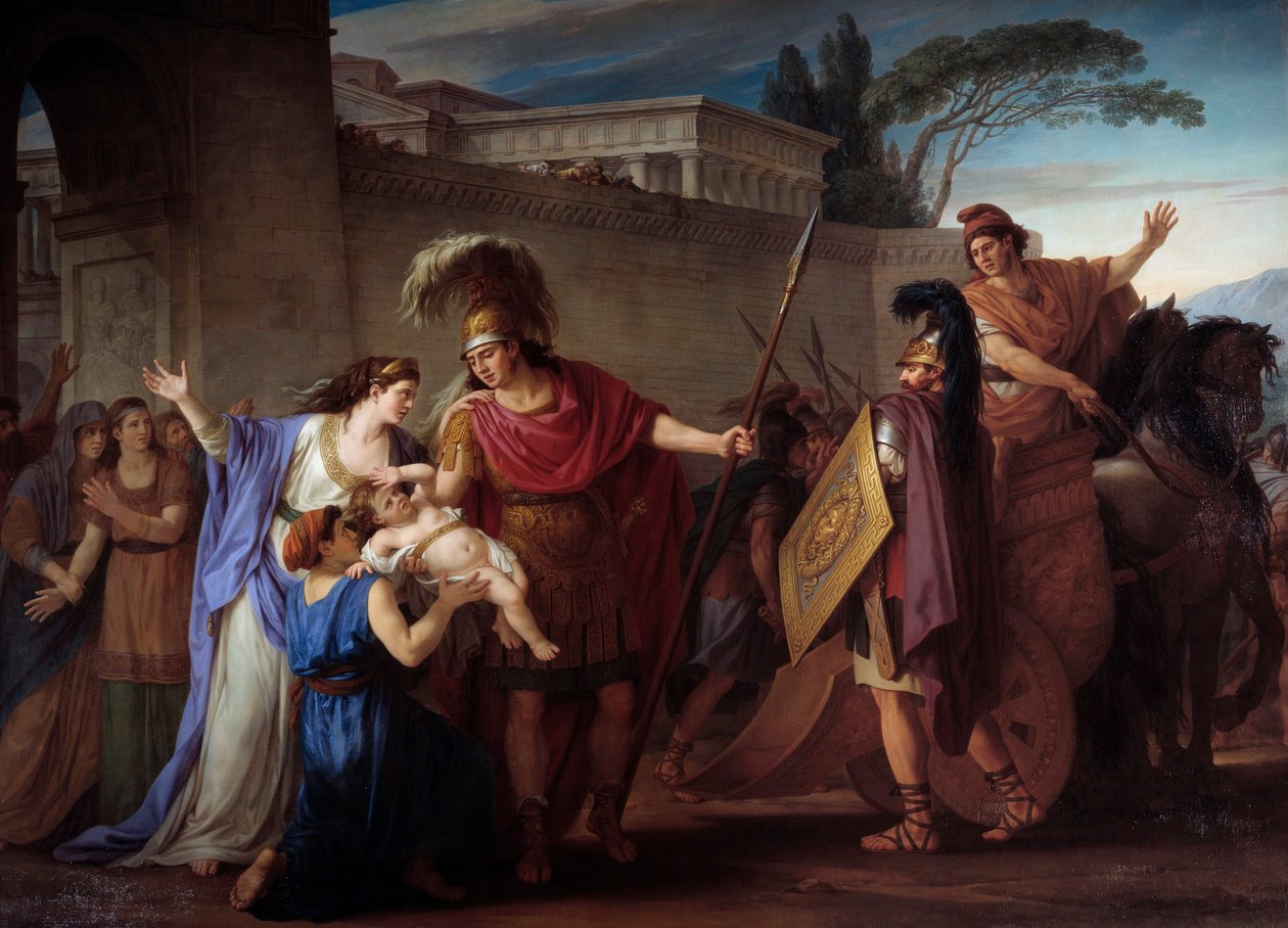 Hector ja Andromaque jäähyväiset. Lähtiessään Troijan sotaan Hector jättää vaimonsa ja poikansa Astyanaxin. Joseph Marie Vienin (1716-1809) maalaus 1786 su. 3,29 x 4,25 m tekijältä Joseph Marie, the Elder Vien