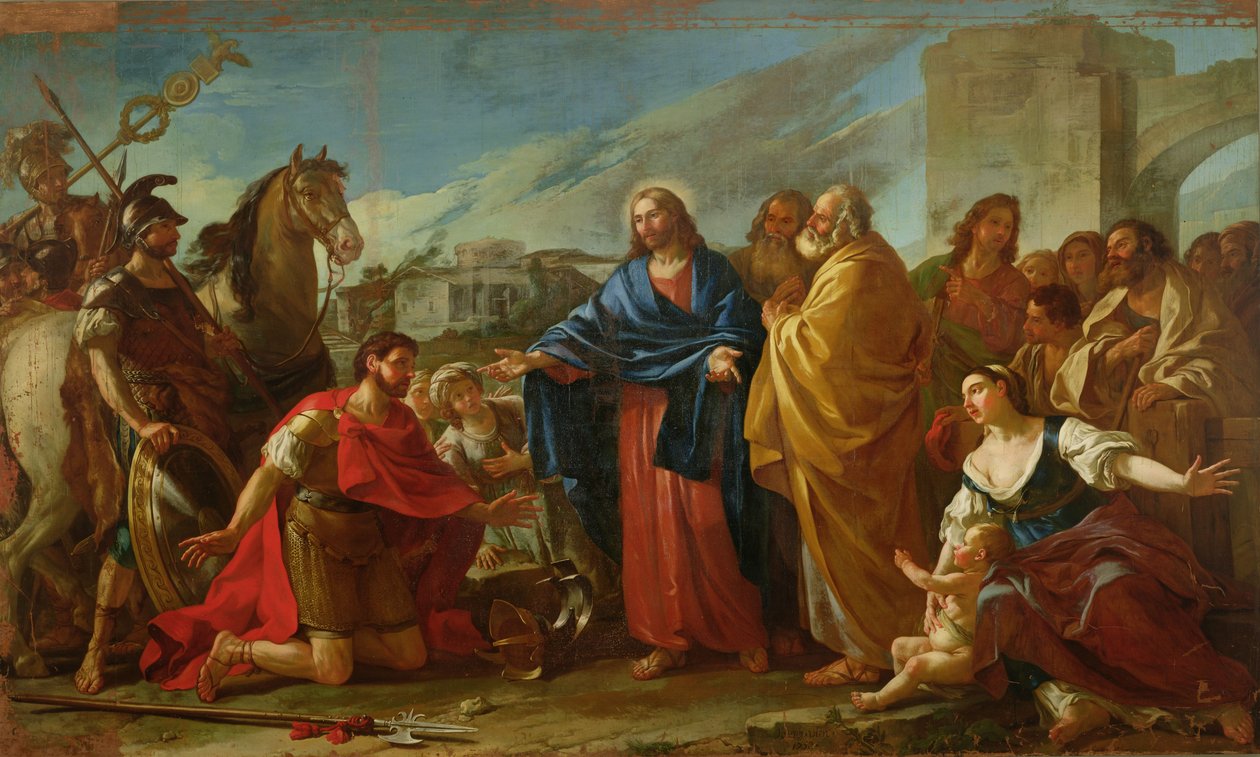 Kristuksen jalkojen juuressa polvistuva sadanpäämies eli Jeesus parantaa upseerin pojan, 1752 tekijältä Joseph Marie, the Elder Vien