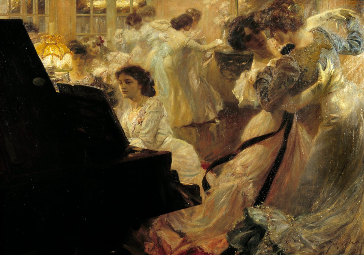 Belle epoque: "White Ball" Nuorten naisten ilta valkoisiin pukeutumiseen tanssien ja pianonsoittoon Joseph Marius Avy (1871-1939) 1903 tekijältä Joseph Marius Avy