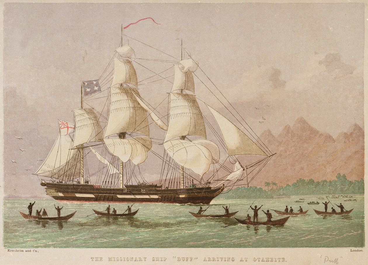 Lähetyssaarnaajalaiva Duff saapuu Otaheiteen 1797. tekijältä Joseph Martin Kronheim