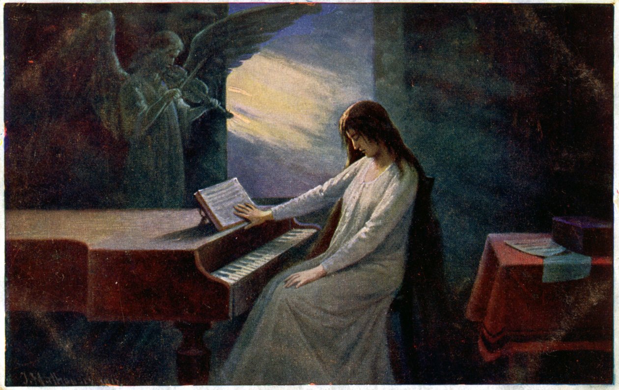 Musiikki. Viimeinen sointu. Kuoleva nainen pianon ääressä. Kuvitus Josef Mathauser, Tšekki, n. 1910 (postikortti) tekijältä Joseph Mathauser