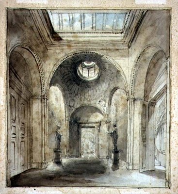 Sir Francis Chantreyn veistosgallerian eteishuone 30 Belgrave Placessa, suunnitellut Sir John Soane (1753-1837) (akvarelli ja kynä paperille) tekijältä Joseph Michael Gandy