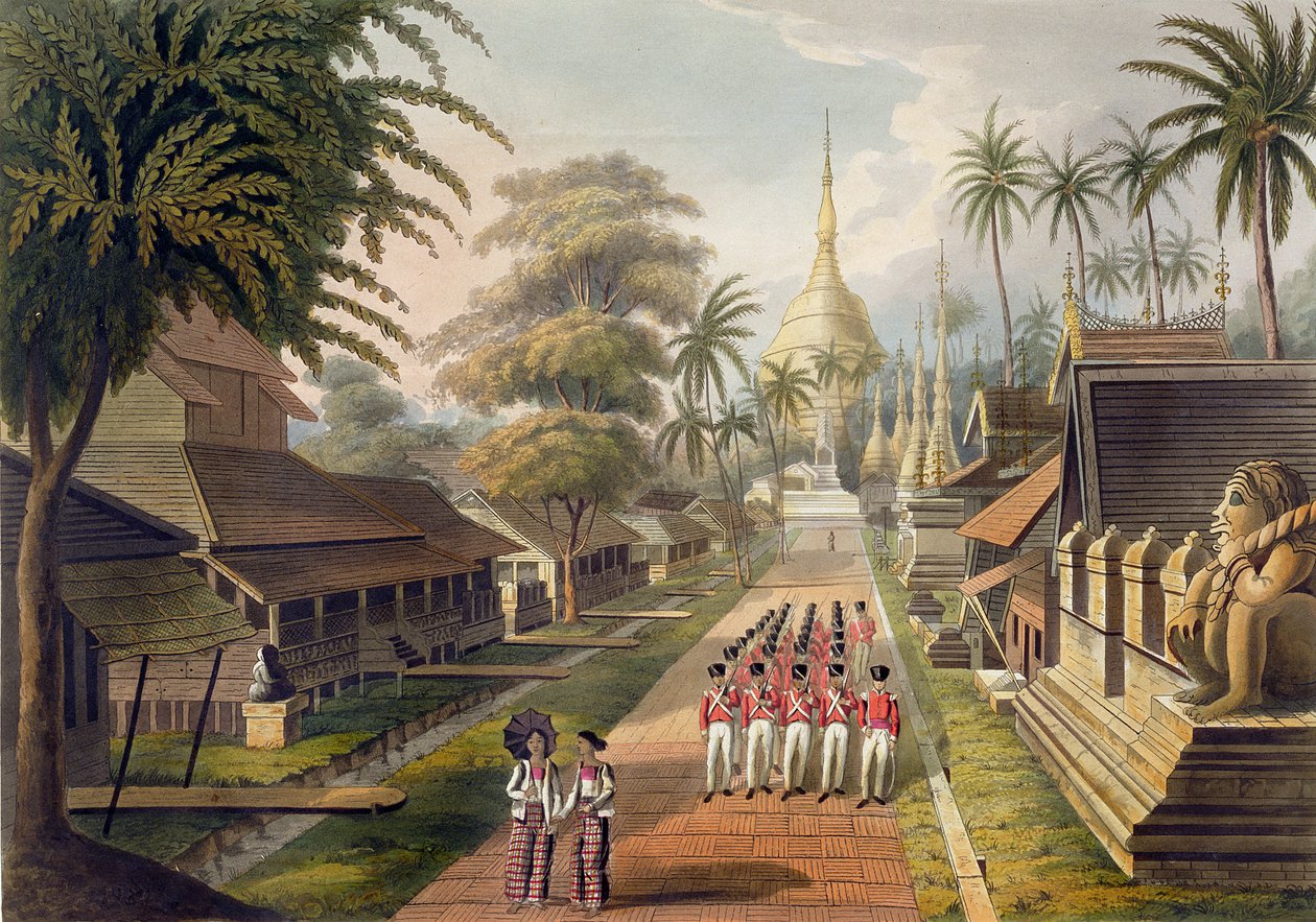 The Principal Approach to the Great Dagon Pagoda at Rangoon, levy 3 "Rangoon Views" -julkaisusta, kaiverrus T. Fielding, 1825 (akvatinta) tekijältä Joseph Moore
