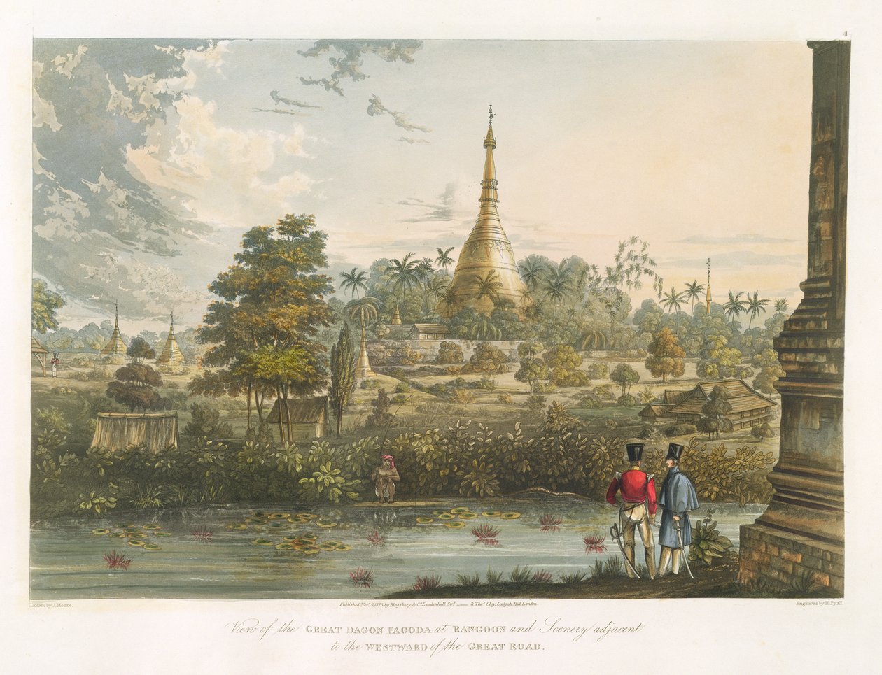Näkymä Suuren Dagonin pagodista Rangoonissa lännestä, kaiverrus Henry Pyall (1795-1833) 1825-26 tekijältä Joseph Moore