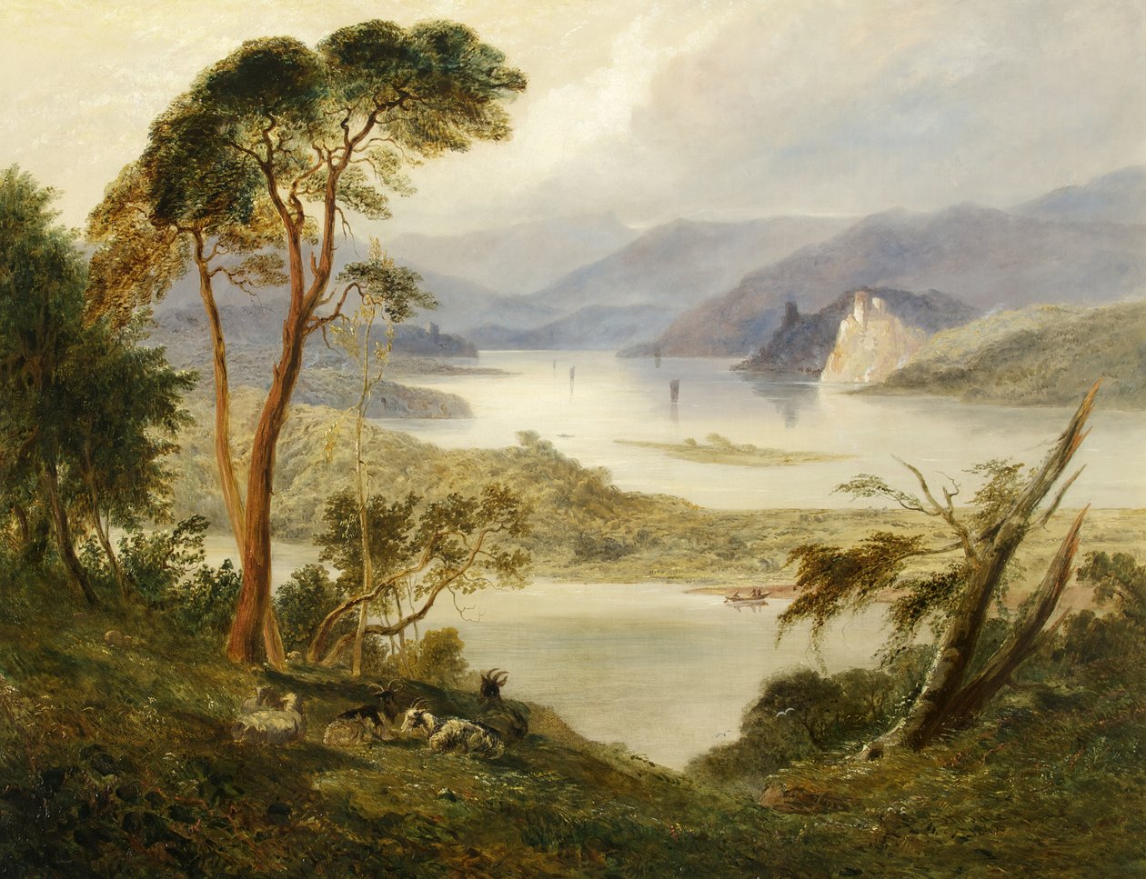 Oberwesel Schonburgin linnan kanssa Reinin rannalla, 1840 tekijältä Joseph Murray Ince