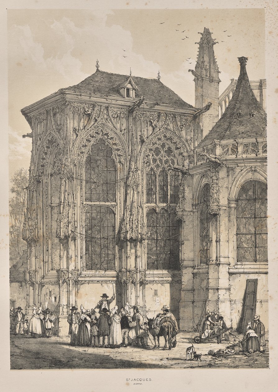 Keskiajan arkkitehtuuri: St. Jacques, Dieppe, East End, ulkoa tekijältä Joseph Nash