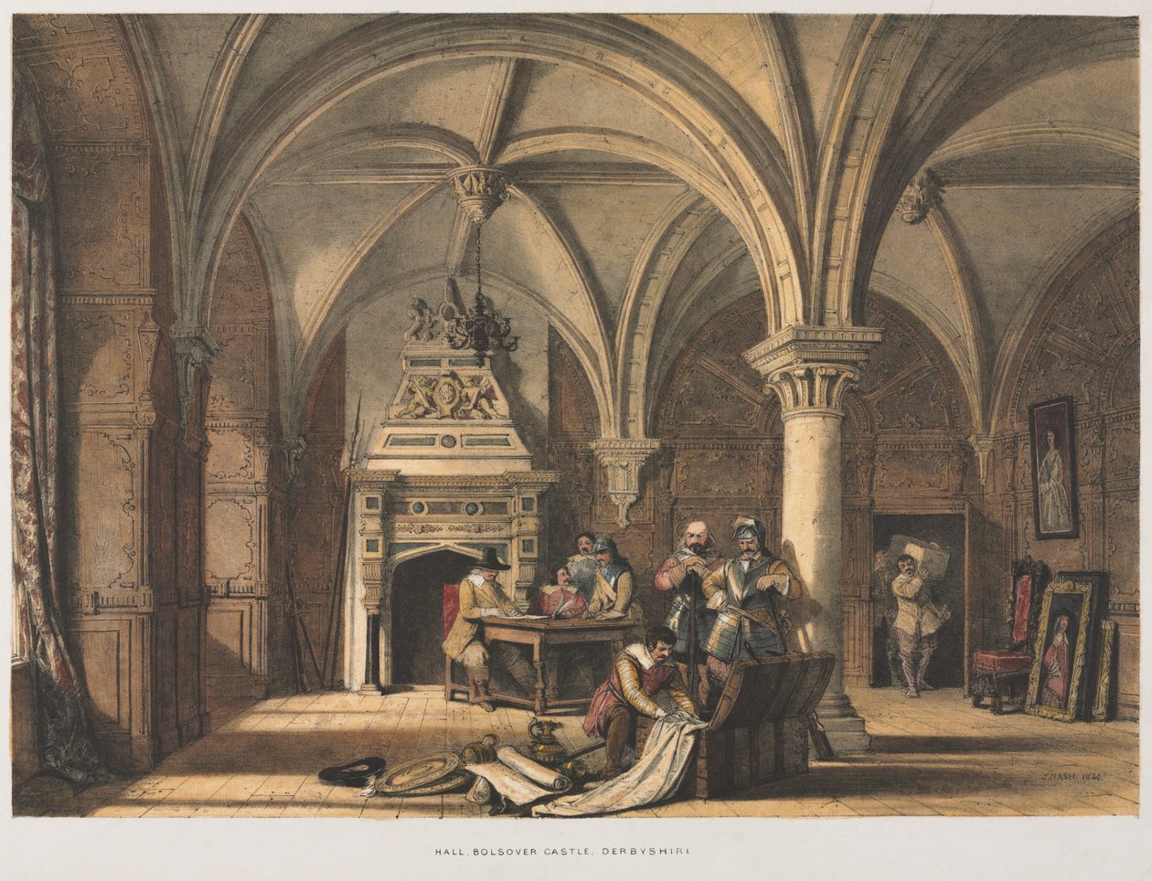Hall, Bolsoverin linna, Derbyshire, 1840. tekijältä Joseph Nash