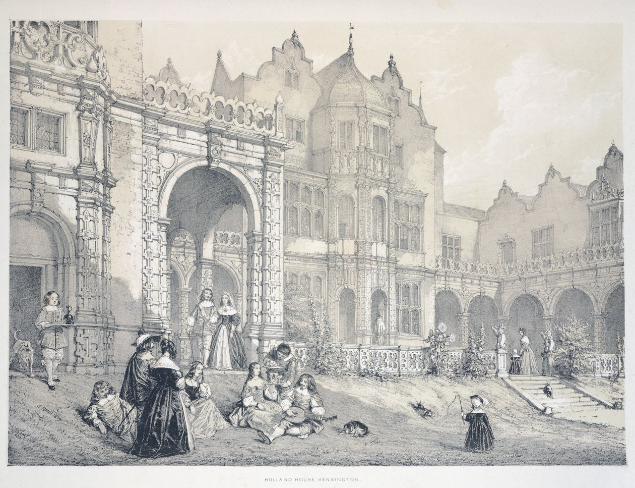 Holland House Kensingtonissa, Lontoossa, kuvitus kartanosta Englannissa vanhalla ajalla, Joseph Nash tekijältä Joseph Nash