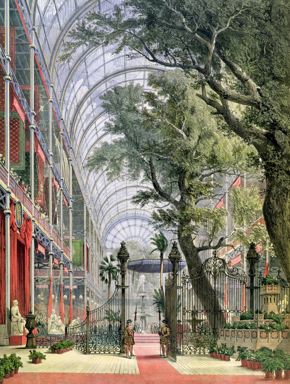 Sisäkuva Crystal Palacesta, Hyde Parkista, joka näyttää suuren näyttelyn avajaiset vuonna 1851 tekijältä Joseph Nash