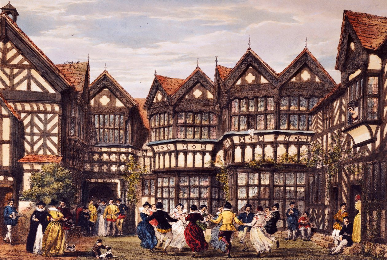 Little Moreton Hall, Cheshire, elokuvasta "The Mansions of England in the Olden Time", 1839-40 tekijältä Joseph Nash