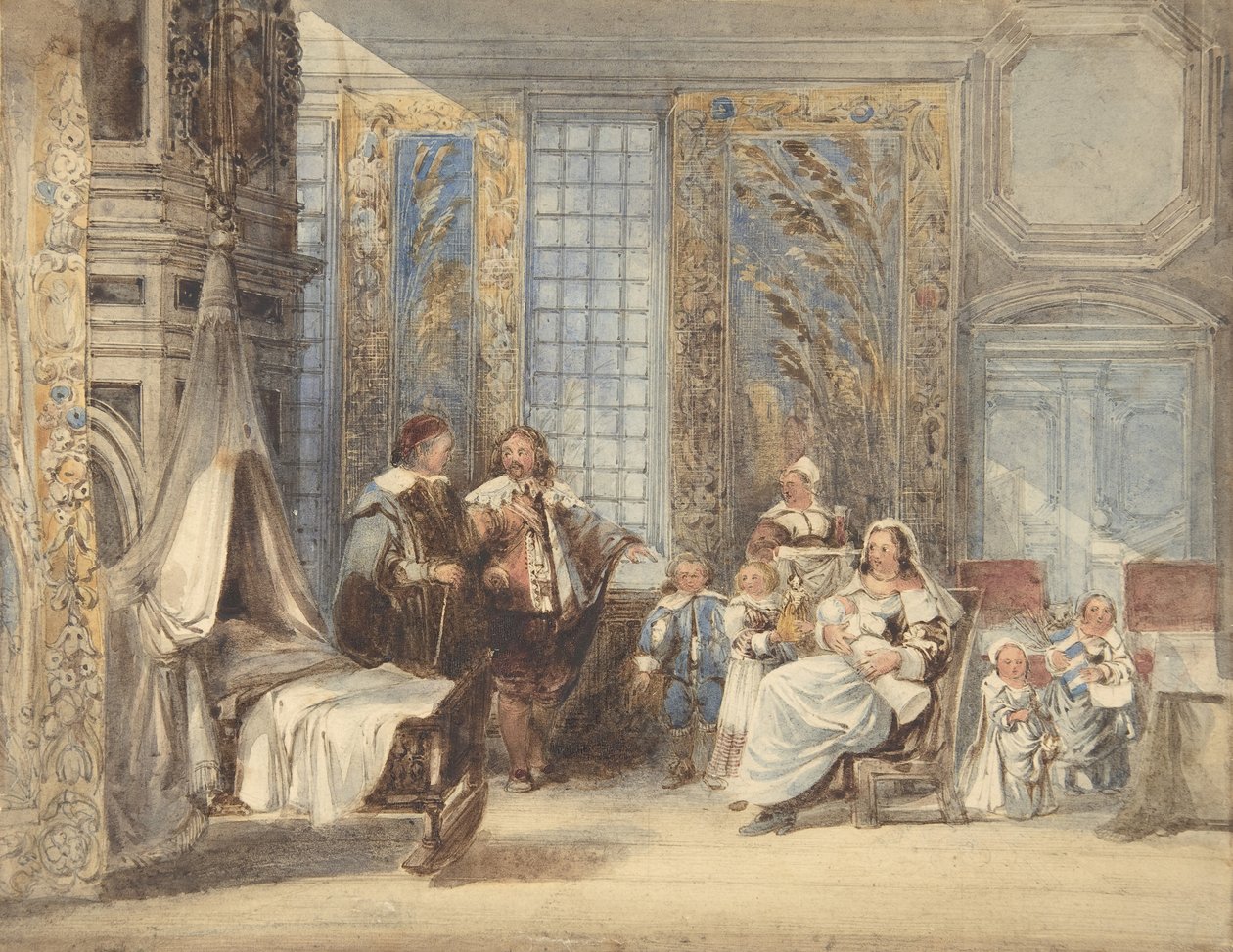 Kohtaus perheen ja vieraan kanssa 1700-luvun sisätiloissa, 1825-78. tekijältä Joseph Nash.