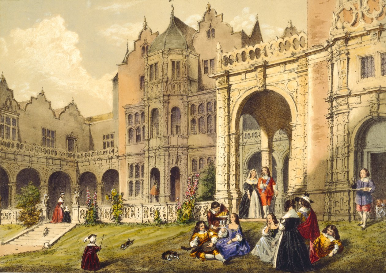 Virvokkeita nauttimassa terassin nurmikolla, Holland House, Kensington elokuvasta "Arkkitehtuuri keskiajalla", 1838 tekijältä Joseph Nash