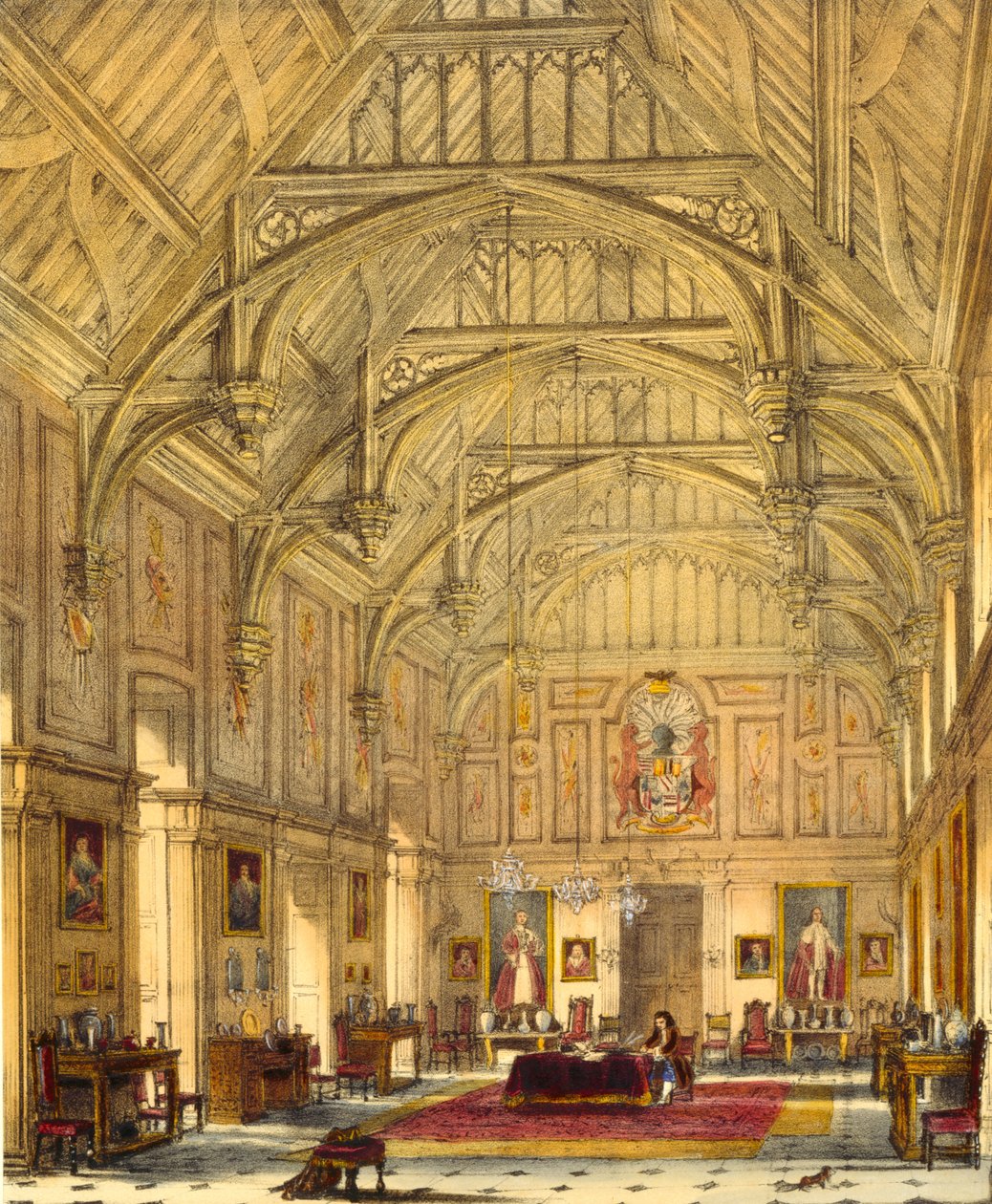 The Grand Hall, Biddington, Surrey, 1600, keskiajan arkkitehtuurista, 1838 tekijältä Joseph Nash
