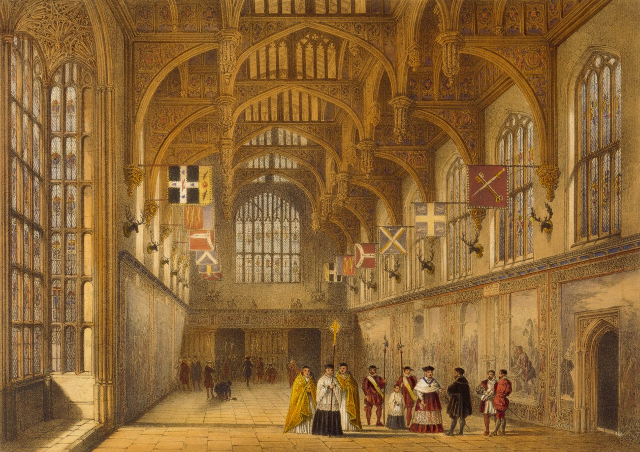 The Hall, Hampton Court, n. 1600, teoksesta "Architecture of the Middle Ages", 1838 tekijältä Joseph Nash