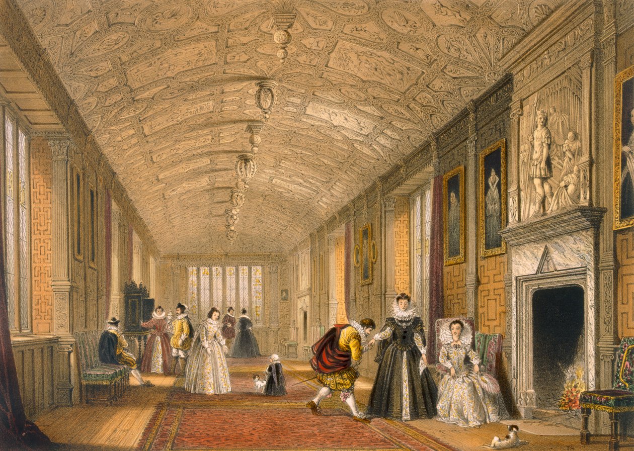 The Long Gallery at Lanhydrock, Cornwall, 1600, Keskiajan arkkitehtuurista, julkaistu 1838 tekijältä Joseph Nash
