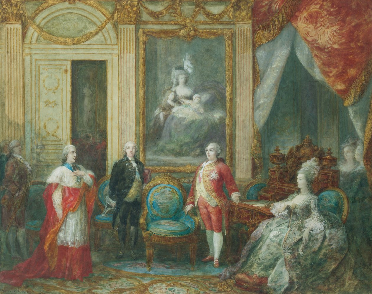 Louis XVI ja hänen vaimonsa Marie Antoinette vastaanottavat kardinaalin tekijältä Joseph Navlet