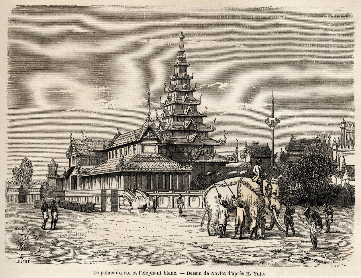 Avan kuninkaan palatsi Amarapourassa (nykyinen Burma), jonka Navlet on piirtänyt havainnollistamaan Bengali-genien ruumiin kapteeni Henri Yulen matkaa Avaan valtakuntaan vuonna 1855. Kaiverrus "" Le tour du monde, nouveau journal des voya tekijältä Joseph Navlet
