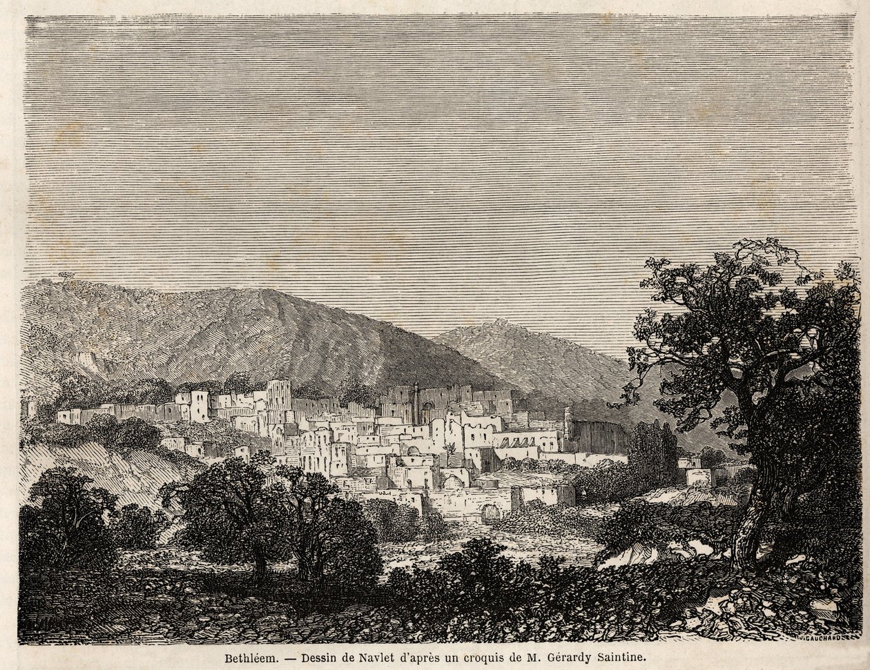 Näkymä Betlehemistä, piirros Joseph Navlet (1821-1889) havainnollistamaan herra Bidan matkaa Palestiinaan vuonna 1856. Kaiverrus "" Le tour du monde, nouveau journal des voyages"" Paris tekijältä Joseph Navlet