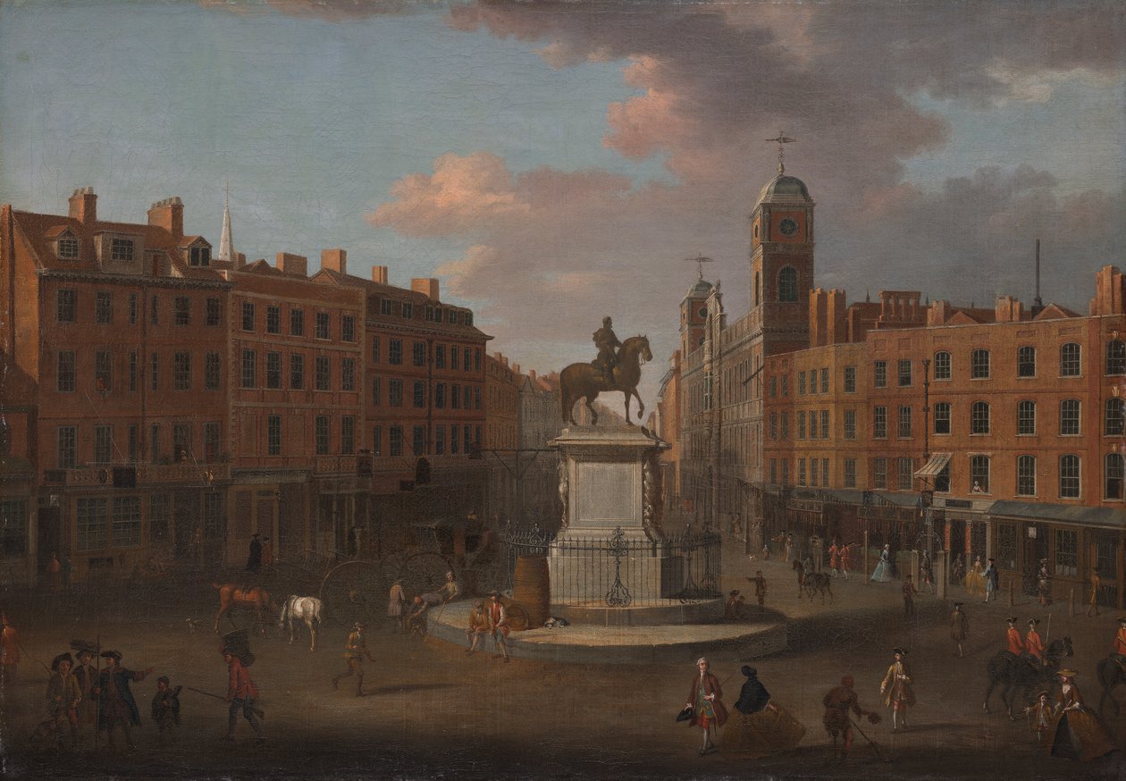 Charing Cross, kuningas Charles I:n patsas ja Northumberland House tekijältä Joseph Nickolls