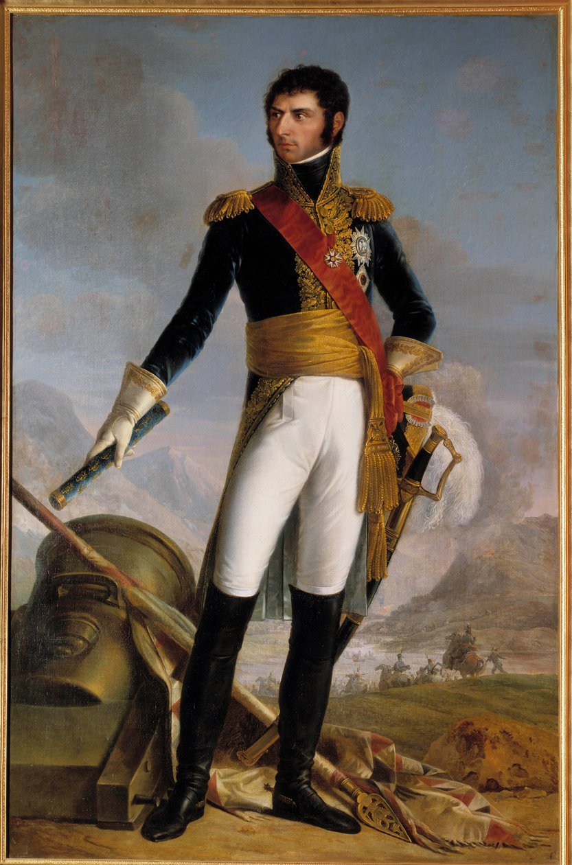Täyspitkä muotokuva Jean Baptiste Jules Bernadottesta (1763-1844) Ponte Corvon prinssistä, sitten Charles Jean XIV:stä, Ruotsin kuninkaan 1818, edustettuna vuonna 1804 Joseph Nicolas Jouyn (1809-1880) maalaus 1852. Koko 2,1x1,4 Herra. tekijältä Joseph Nicolas Jouy