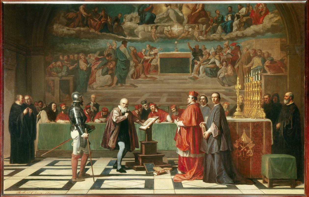 Galilea (tai Galileo Galilei (1564-1642) Vatikaanin pyhässä virassa”” Inkvisitiotuomioistuin tuomitsi tähtitieteilijän vuonna 1632 Kopernikuksen teorioiden puolustamisesta. Joseph Nicolas Robert-Fleury (Robert Fleury) maalaus (1707)-189) 1847 tekijältä Joseph Nicolas Robert Fleury
